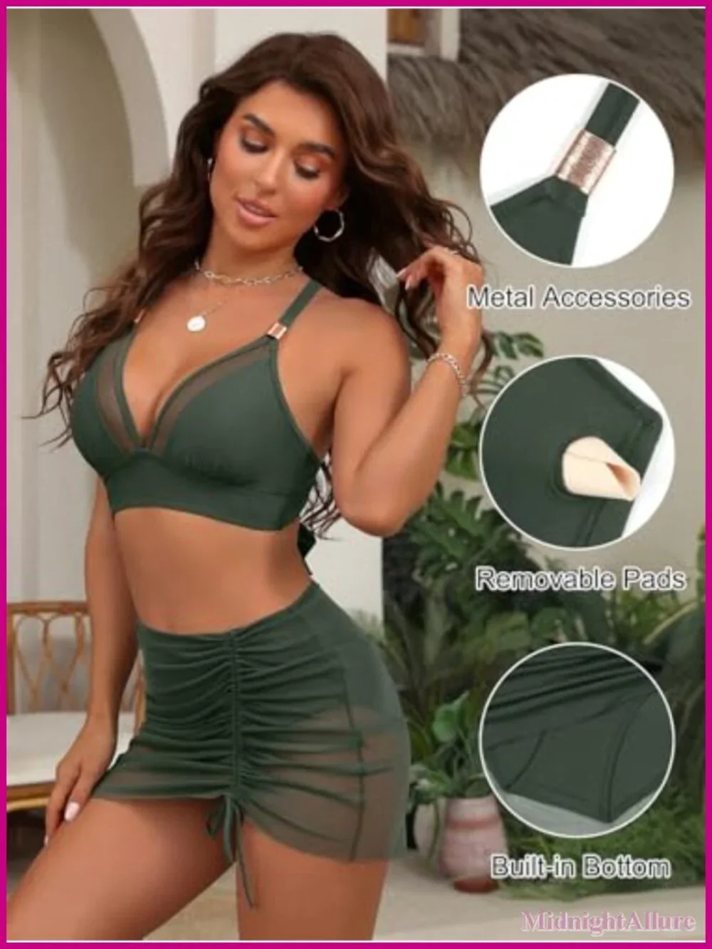 Women's Tummy Control High Waisted Bikini Set, V-Neck Sheer Skirt, Adjustable